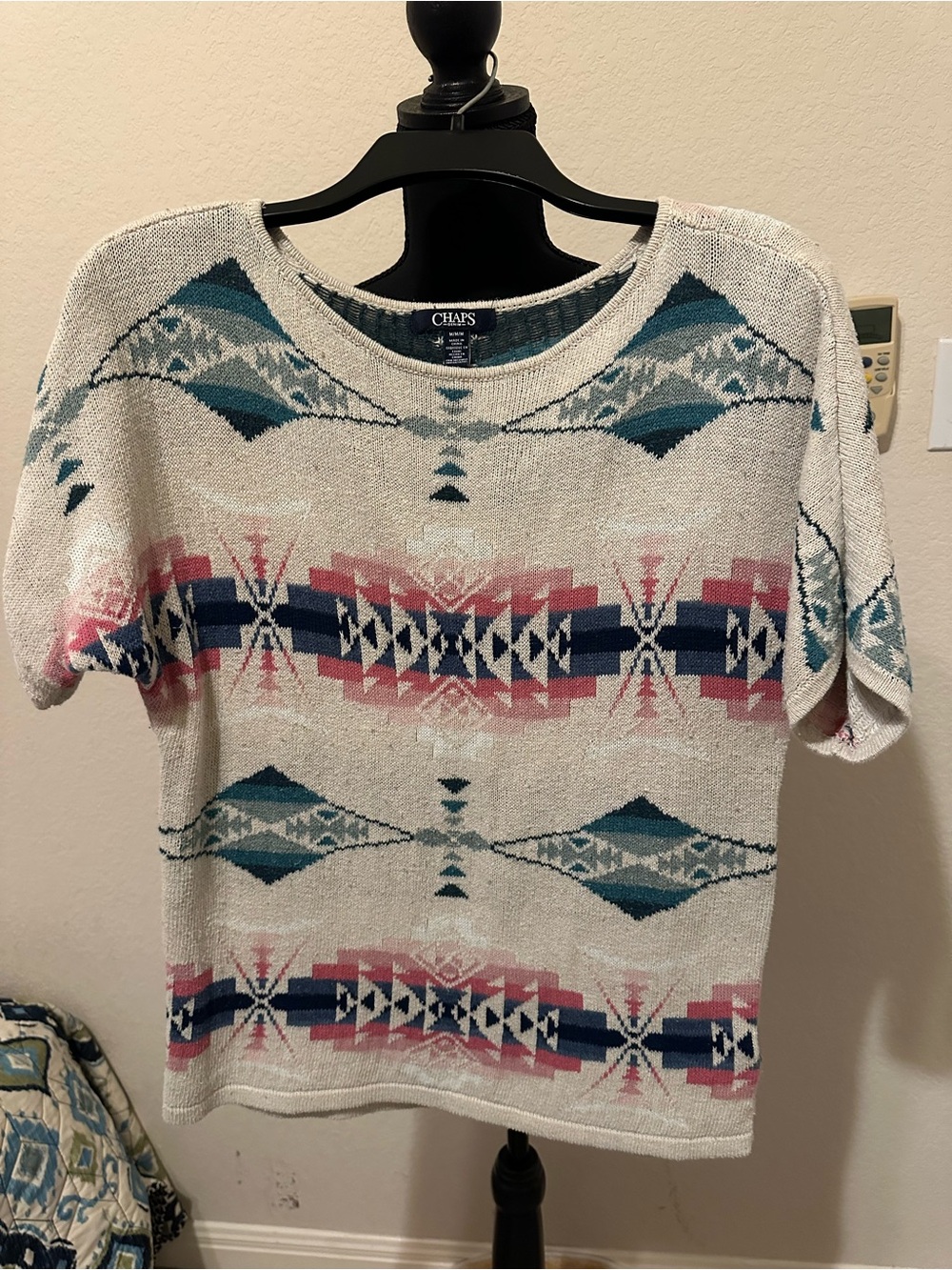 Chaps Cream Short Sleeve Knit Top with Blue and Pink Aztec Print. Size Medium - Picture 5 of 9
